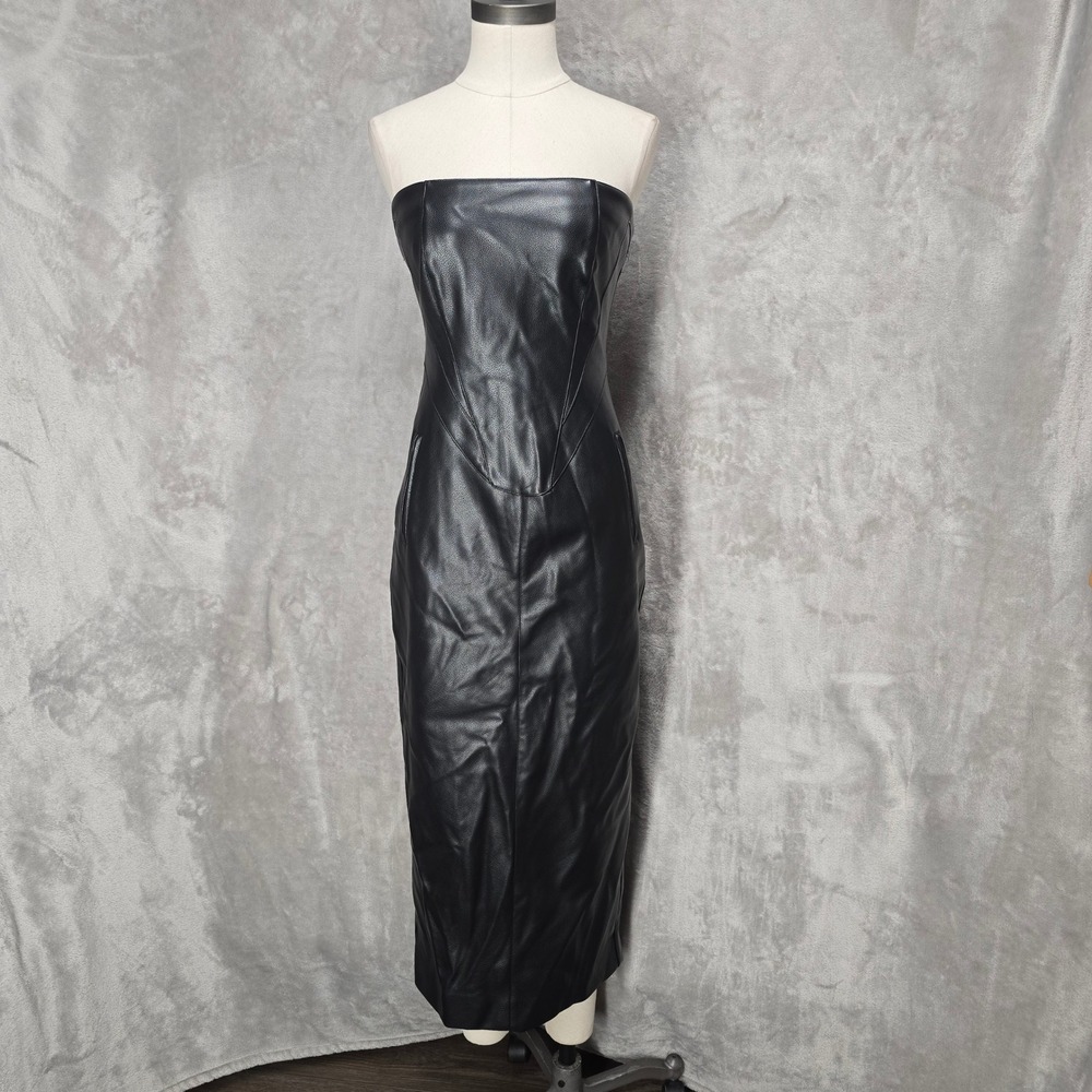 Khy Strapless Faux Leather Bodycon Dress Women S Black Goth Grunge Matrix Biker